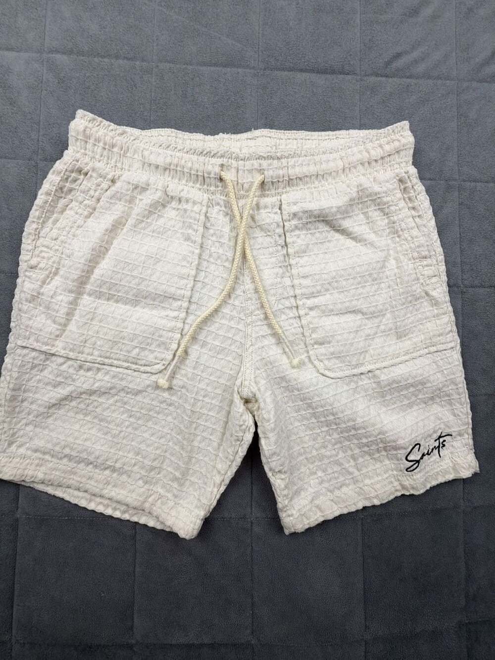 Saints Studio Men's Cream Waffle Knit Drawstring Athletic Shorts